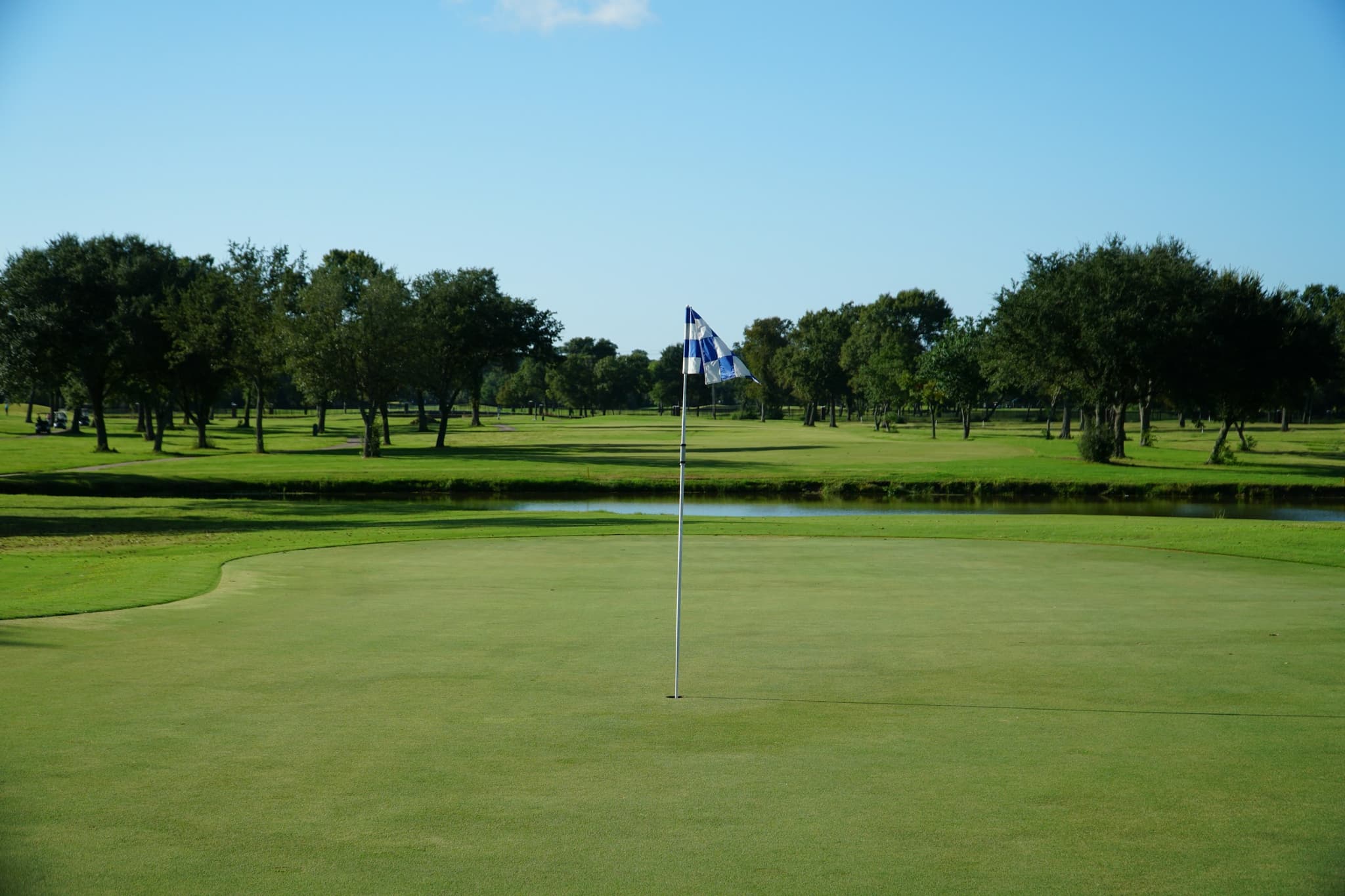 A golf green beside still water, with trees beyond