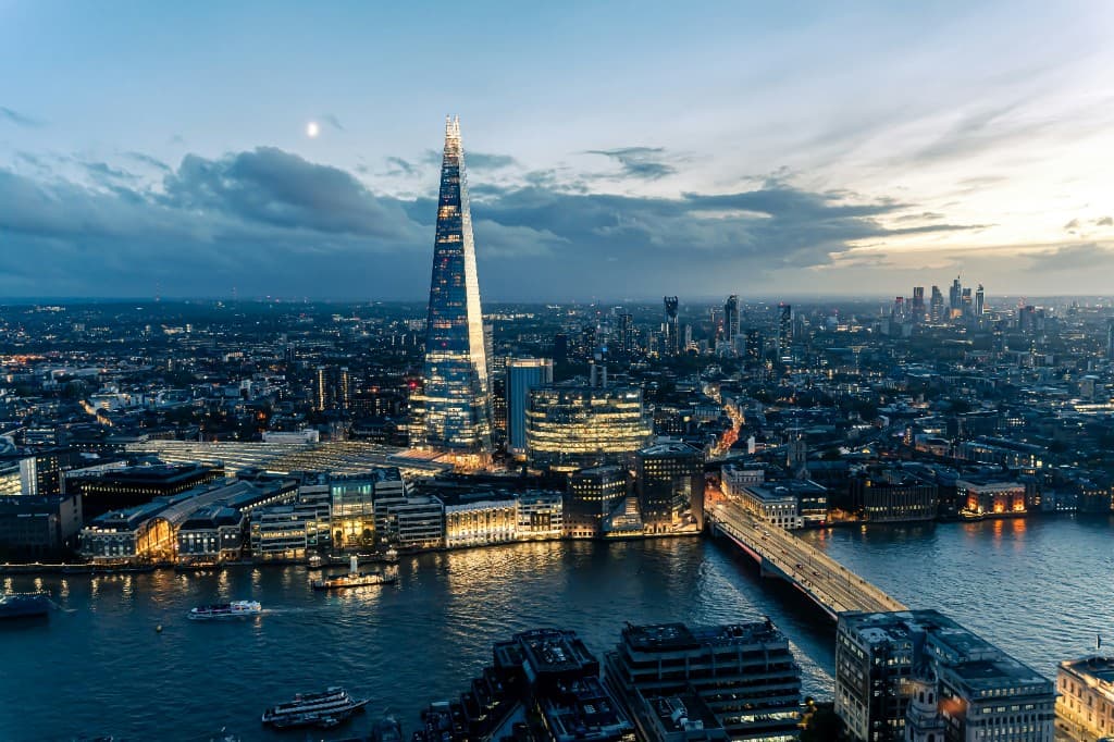London at dusk, with the river and the Shard