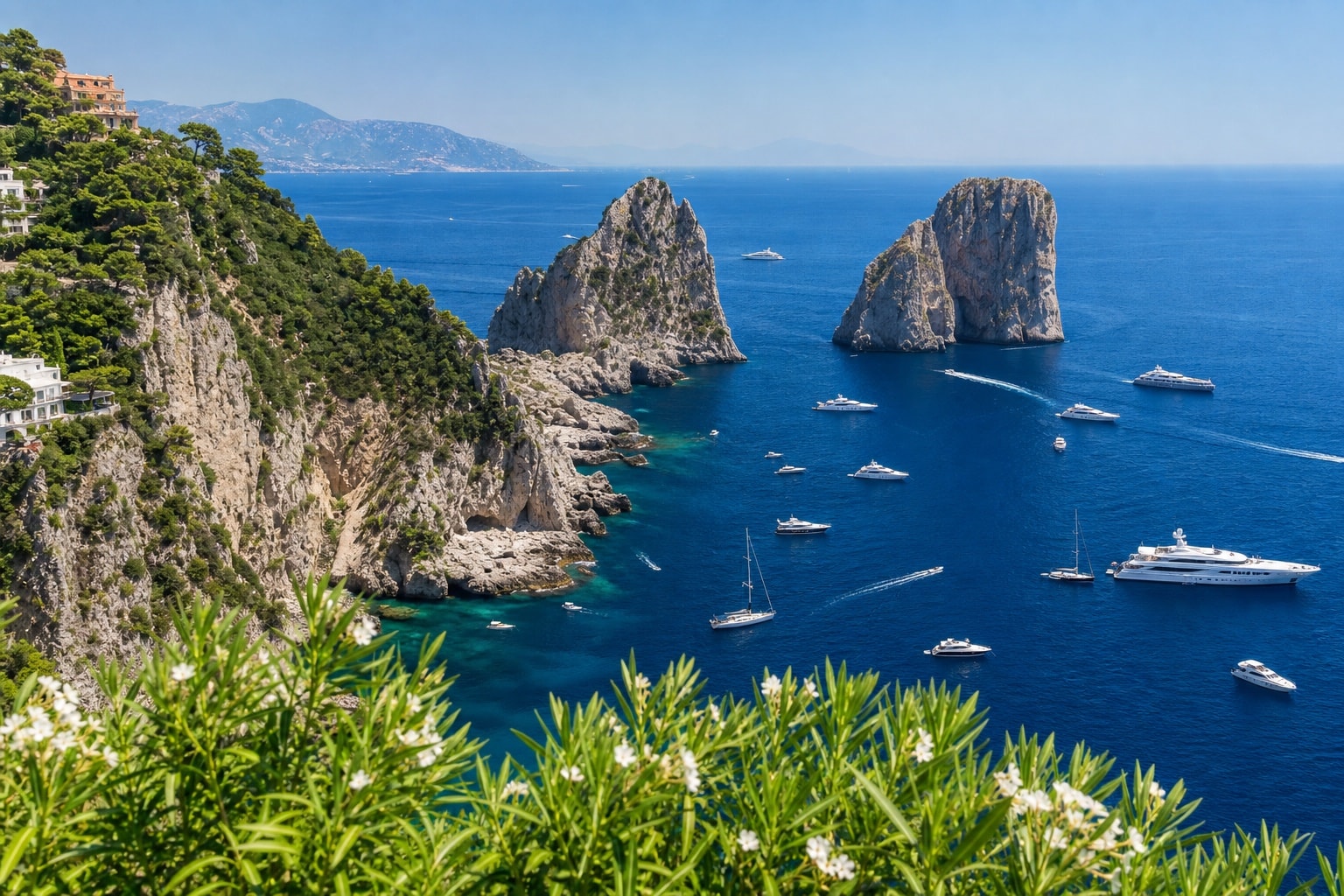 Yachts off Mediterranean sea stacks, viewed from the coast